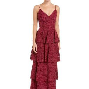 Monique Lhuillier tiered lace burgundy gown dress